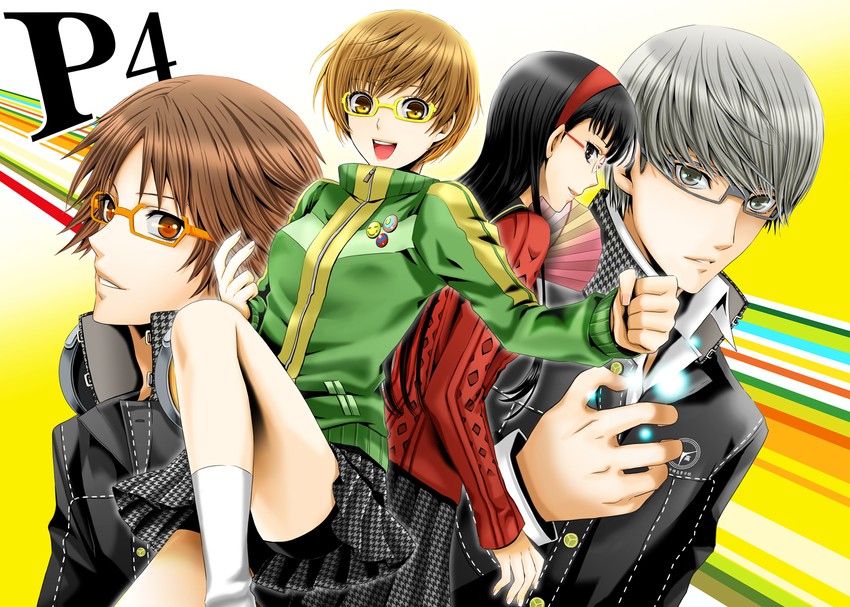 narukami yu, satonaka chie, amagi yukiko, and hanamura yousuke (persona and 1 more) drawn by wool_(kurokrkr)