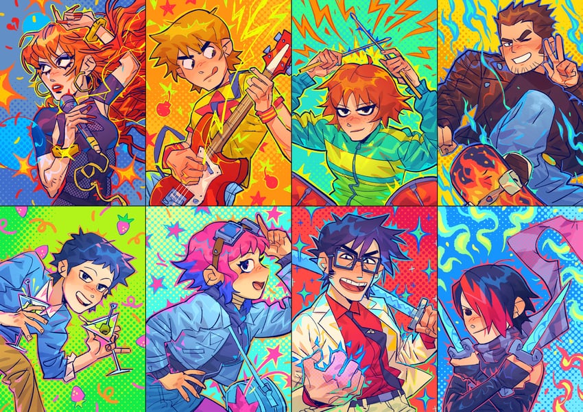 lucas lee, scott pilgrim, wallace wells, ramona flowers, kim pine, and 3 more (scott pilgrim and 1 more) drawn by lalikeslichto