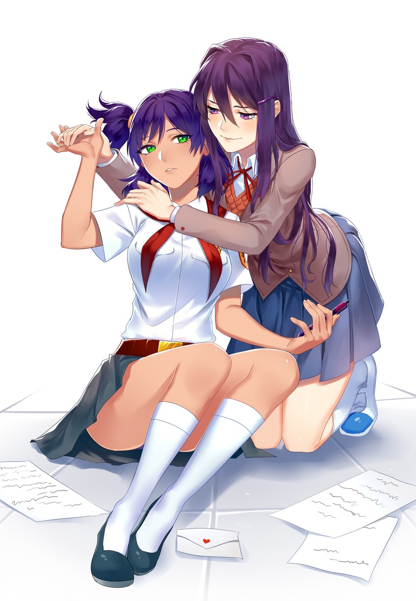 yuri and unyl-chan (doki doki literature club and 1 more) drawn by rezoeline