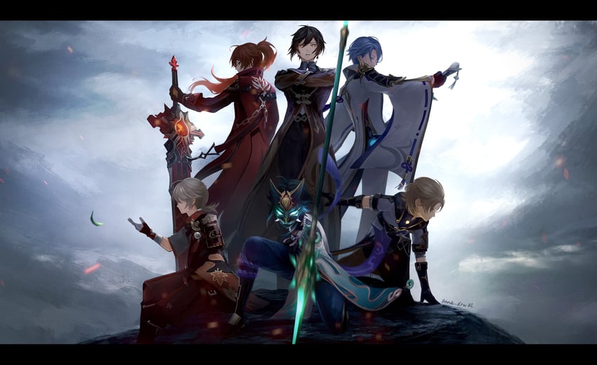 zhongli, xiao, kaedehara kazuha, diluc, albedo, and 1 more (genshin impact) drawn by anna_(drw01)