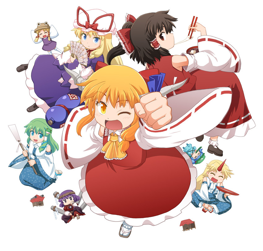 hakurei reimu, kochiya sanae, yakumo yukari, moriya suwako, kawashiro nitori, and 3 more (touhou) drawn by haniwa_(leaf_garden)