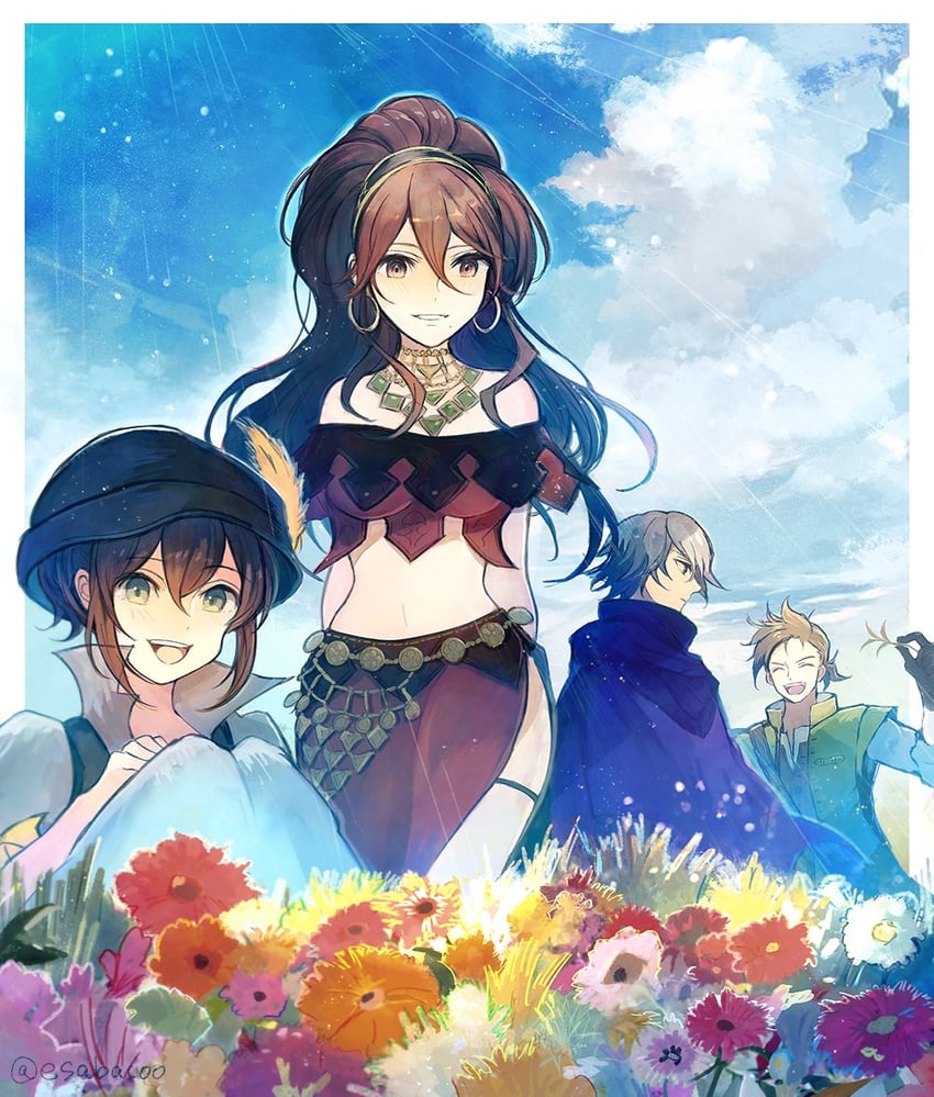 therion, tressa colzione, primrose azelhart, and alfyn greengrass (octopath traveler) drawn by leaf_(esabacoo)