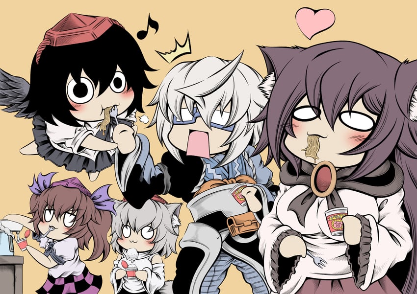 shameimaru aya, inubashiri momiji, morichika rinnosuke, imaizumi kagerou, and himekaidou hatate (touhou) drawn by hidefu_kitayan