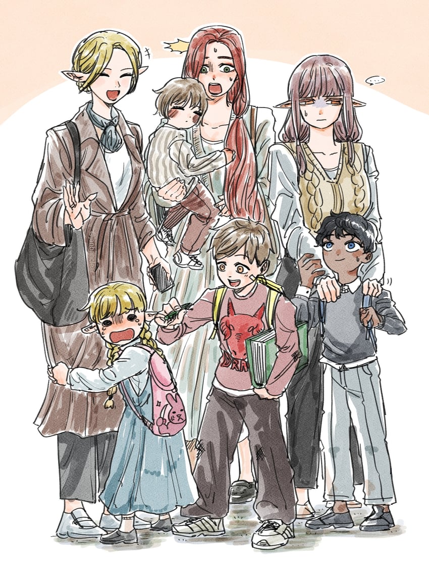 marcille donato, falin touden, laios touden, kabru, milsiril, and 1 more (dungeon meshi) drawn by janbanclear
