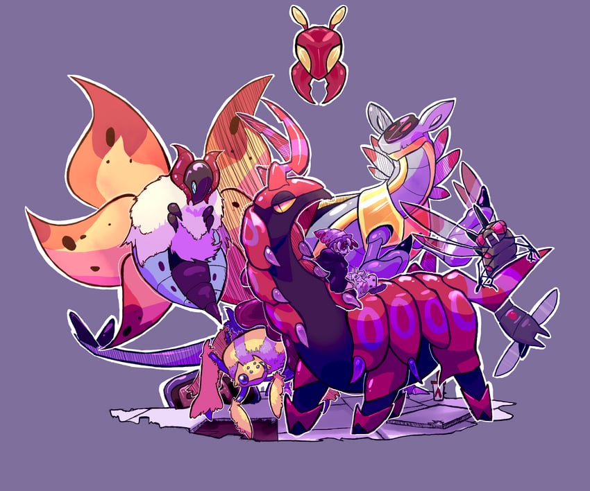 scolipede, volcarona, galvantula, yanmega, armaldo, and 1 more (original and 1 more) drawn by centipedehurts