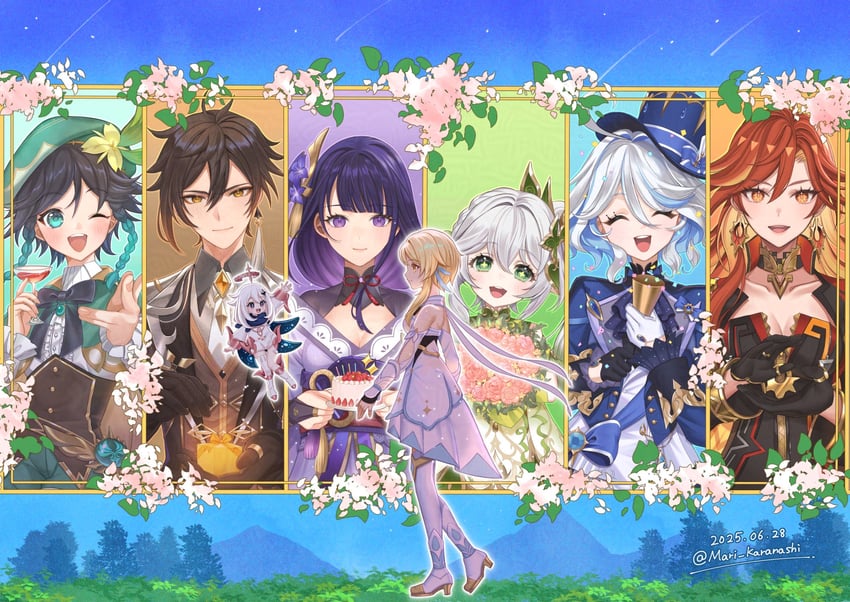 lumine, raiden shogun, furina, nahida, zhongli, and 3 more (genshin impact) drawn by karanashi_mari