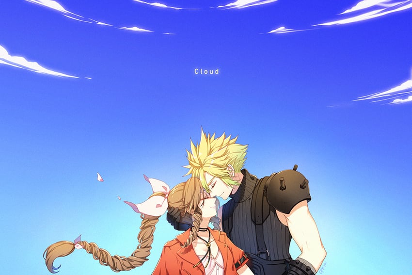 cloud strife and aerith gainsborough (final fantasy and 2 more) drawn by cat_princess
