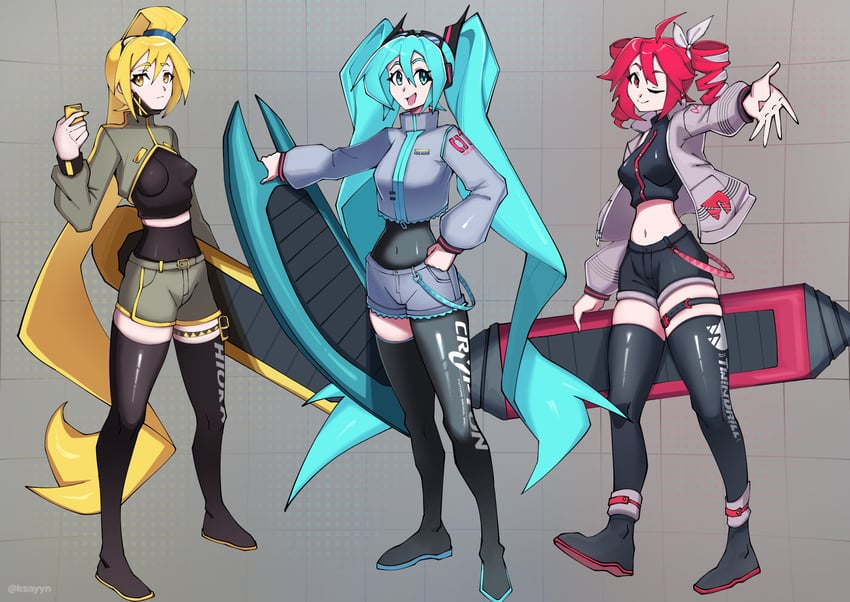 hatsune miku, kasane teto, and akita neru (vocaloid and 4 more) drawn by ksayyn