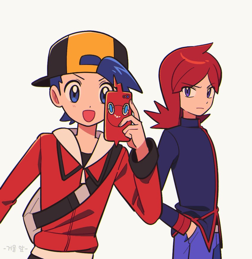 rotom, ethan, rotom phone, and silver (pokemon and 1 more) drawn by chueog