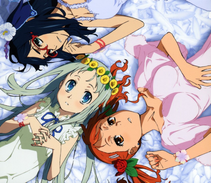 honma meiko, anjou naruko, and tsurumi chiriko (ano hi mita hana no namae wo bokutachi wa mada shiranai.) drawn by tanaka_masayoshi