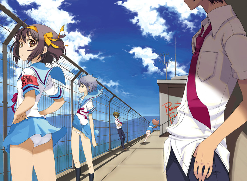 suzumiya haruhi, nagato yuki, asahina mikuru, kyon, and koizumi itsuki (suzumiya haruhi no yuuutsu) drawn by yoshida_on