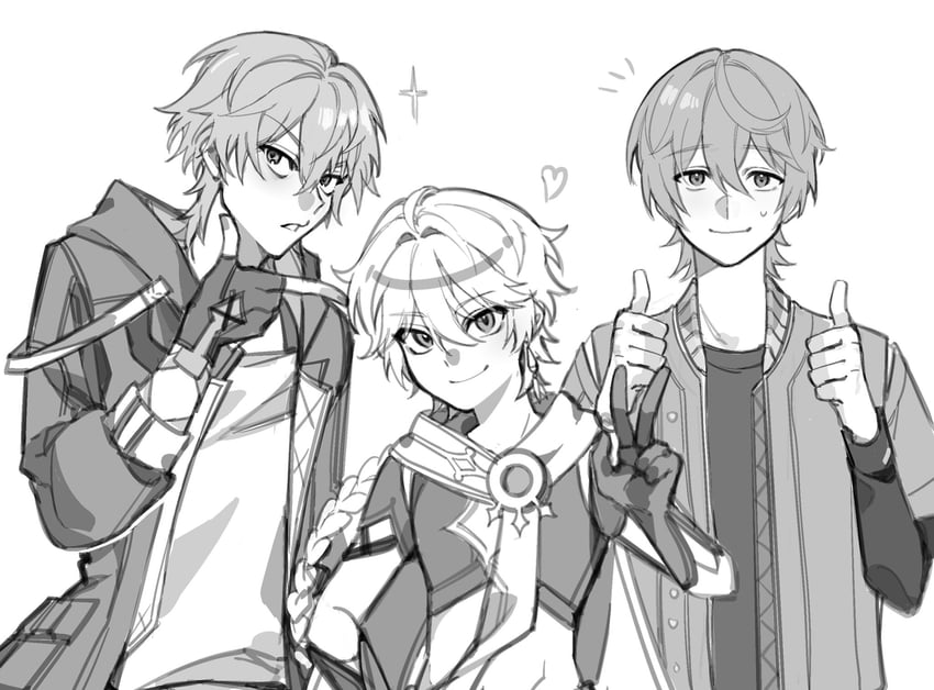trailblazer, aether, caelus, and wise (genshin impact and 4 more) drawn by youth_500