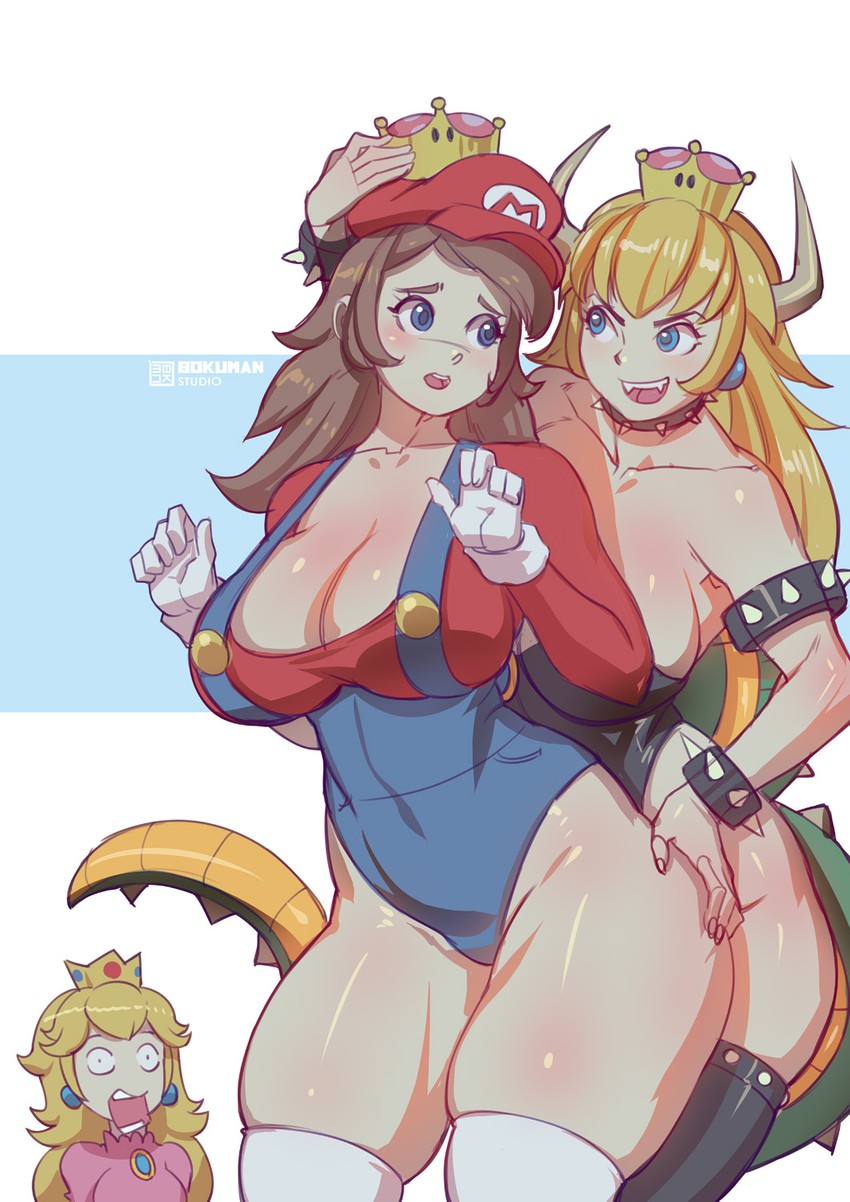 princess peach, mario, and bowsette (mario and 1 more) drawn by bokuman