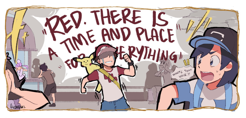 pikachu, red, elio, and joy (pokemon and 1 more) drawn by rica_diaz