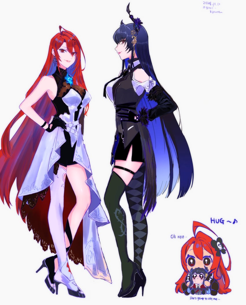 nerissa ravencroft, elizabeth rose bloodflame, smol erb, and smol rissa (hololive and 1 more) drawn by yuri_kyanon