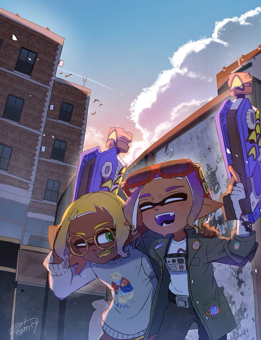 inkling player character and inkling boy (splatoon and 1 more) drawn by minawake_(azuma-m)