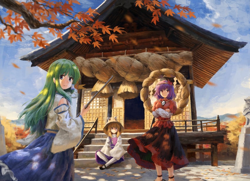 kochiya sanae, moriya suwako, and yasaka kanako (touhou) drawn by satellitedragon