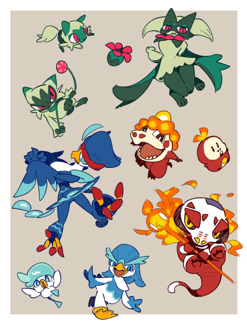 sprigatito, meowscarada, fuecoco, quaxly, floragato, and 5 more (pokemon) drawn by bagutyu