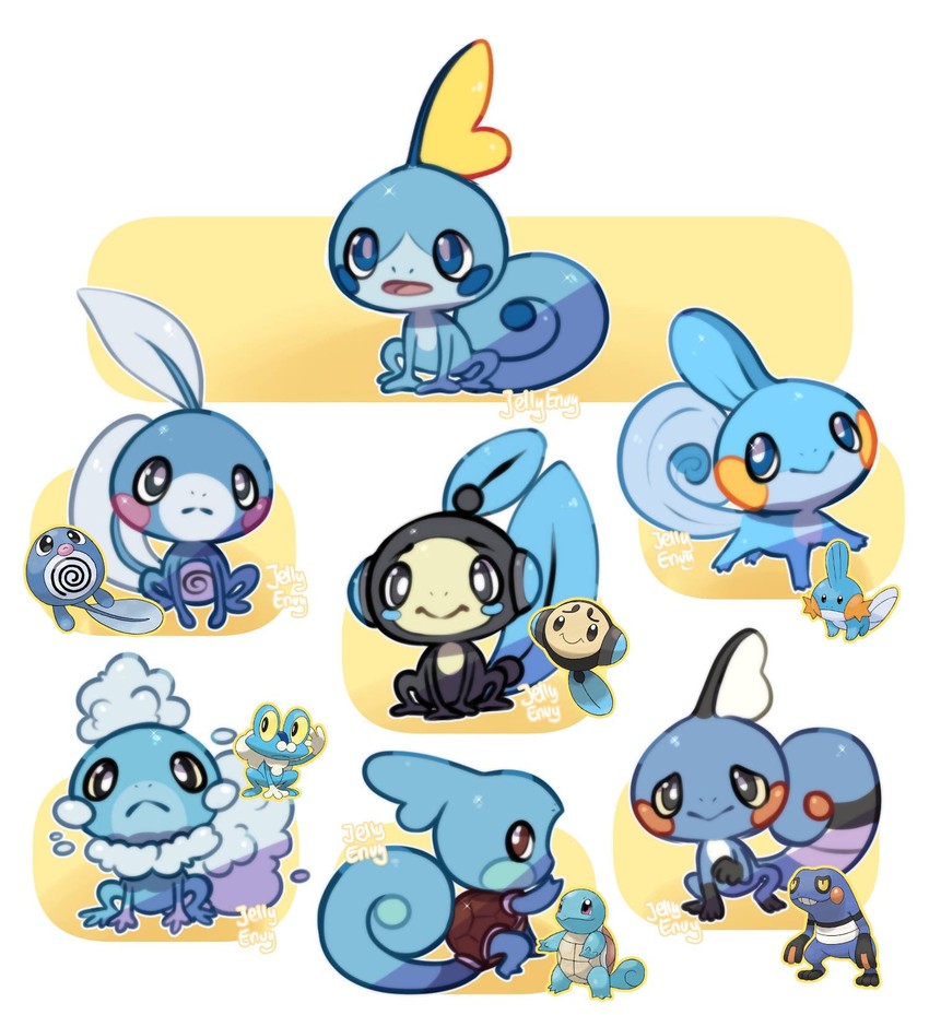 squirtle, sobble, mudkip, froakie, poliwag, and 2 more (pokemon) drawn by jellyenvy
