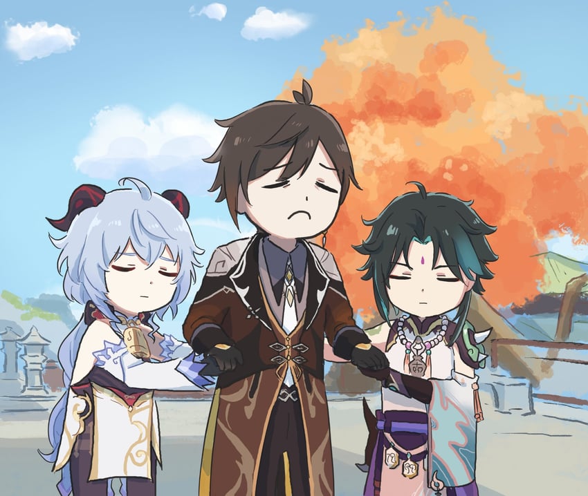 ganyu, zhongli, and xiao (genshin impact) drawn by xinzoruo