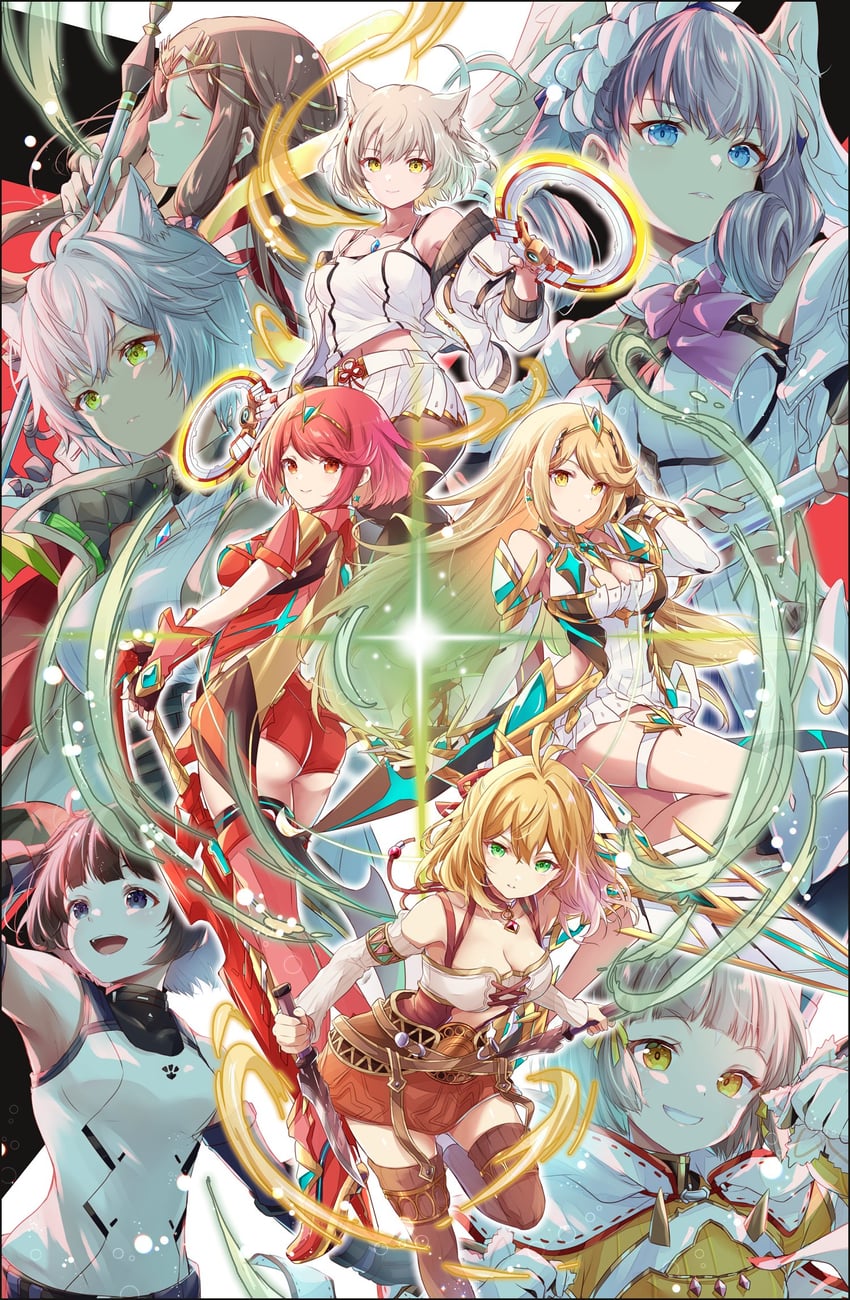 pyra, mythra, nia, mio, melia antiqua, and 4 more (xenoblade chronicles and 5 more) drawn by ui_frara