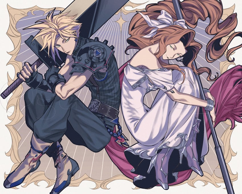 cloud strife and aerith gainsborough (final fantasy and 3 more) drawn by roku_(gansuns)