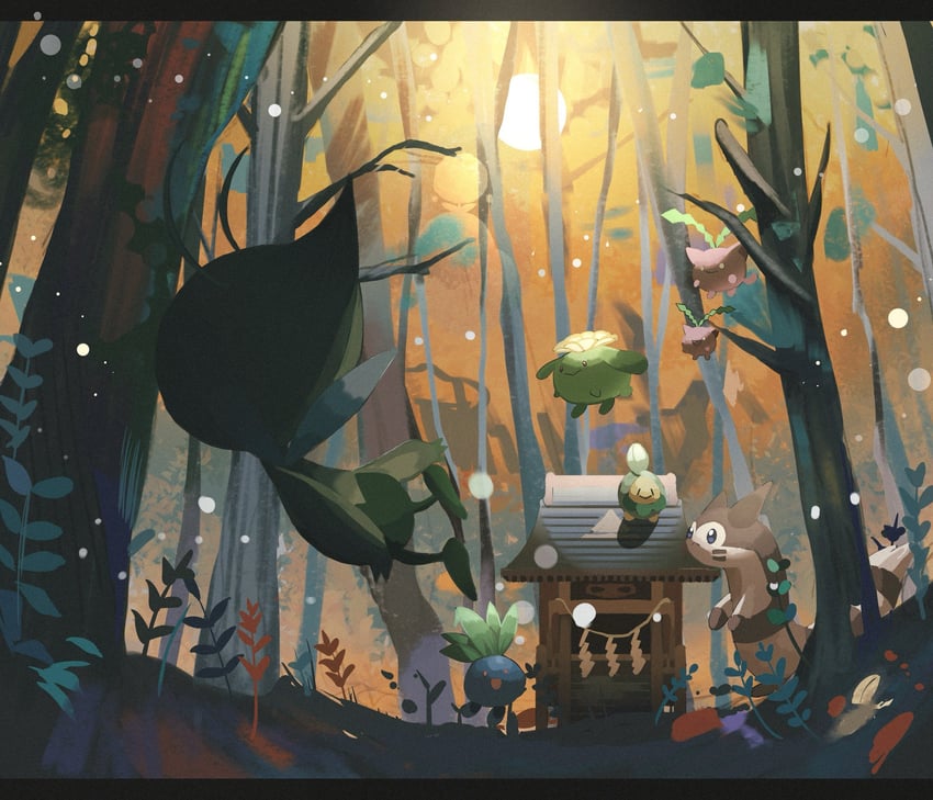 furret, celebi, oddish, hoppip, budew, and 1 more (pokemon) drawn by reo_(mmocc123)