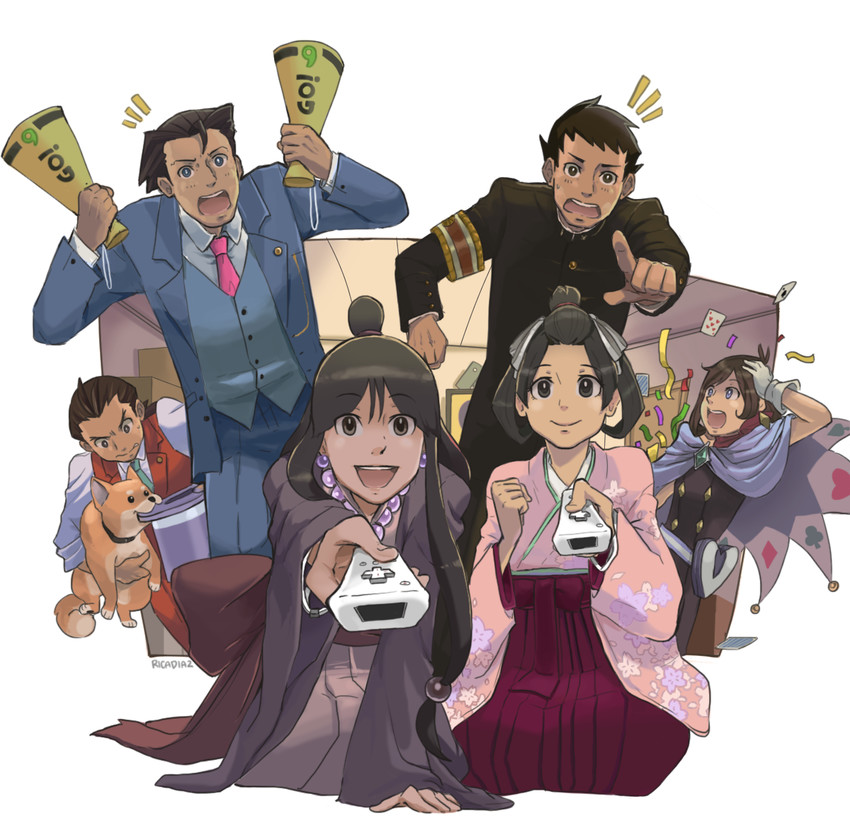 phoenix wright, maya fey, apollo justice, trucy wright, ryunosuke naruhodo, and 3 more (ace attorney and 2 more) drawn by rica_diaz