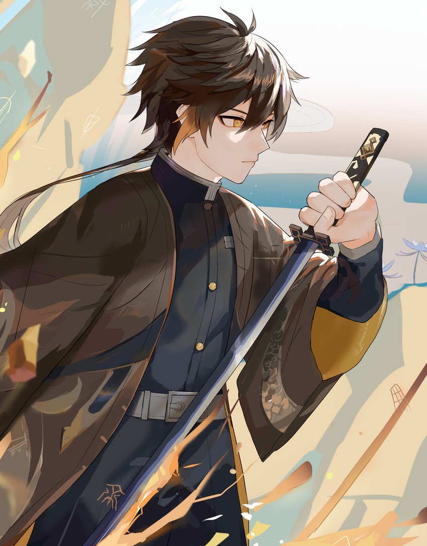 zhongli (genshin impact and 1 more) drawn by igobykuro