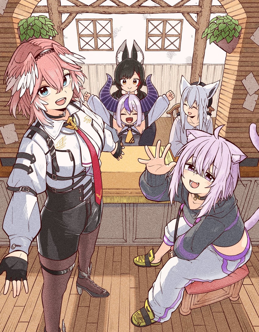 shirakami fubuki, nekomata okayu, ookami mio, la+ darknesss, and takane lui (hololive) drawn by yurai0739