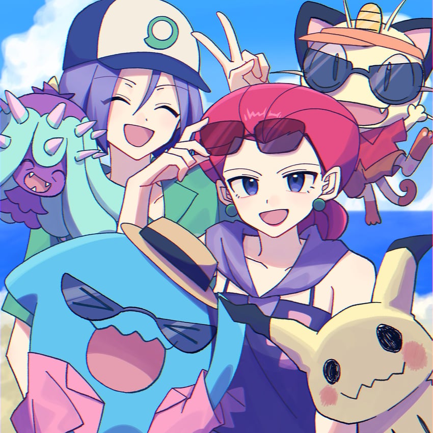 mimikyu, jessie, james, meowth, wobbuffet, and 1 more (pokemon) drawn by yunyun_n23