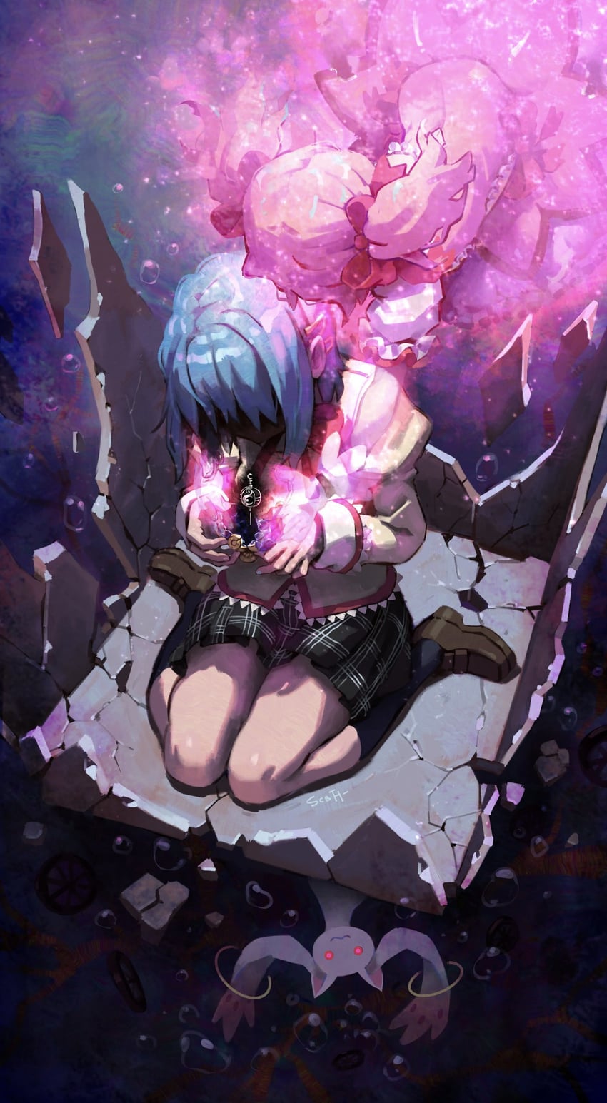 kaname madoka, miki sayaka, and kyubey (mahou shoujo madoka magica) drawn by starcat_bloom