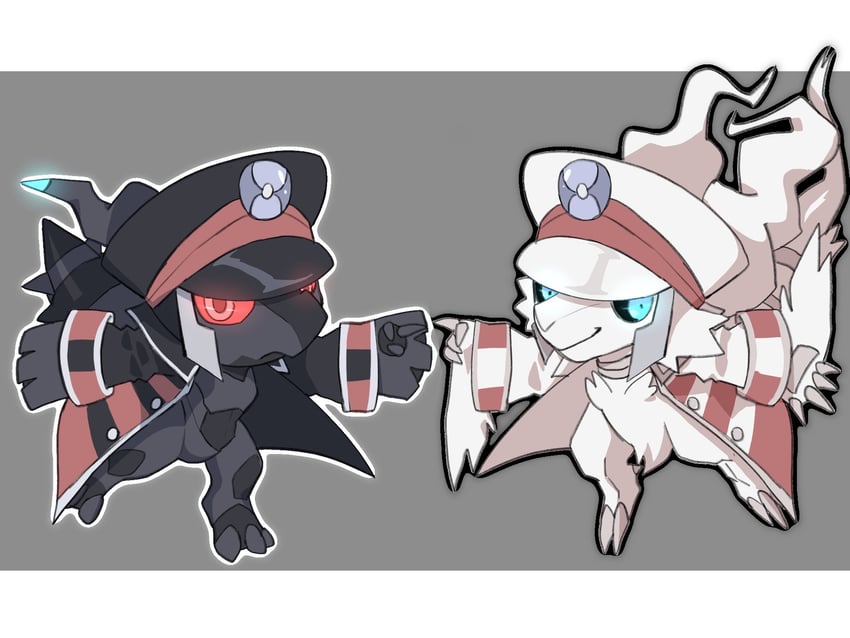ingo, emmet, reshiram, and zekrom (pokemon and 1 more) drawn by kanako_suddenly