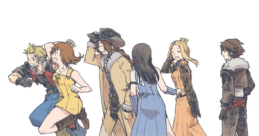 squall leonhart, rinoa heartilly, selphie tilmitt, quistis trepe, zell dincht, and 1 more (final fantasy and 1 more) drawn by michibata_65