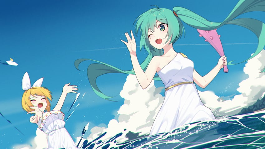 hatsune miku and kagamine rin (vocaloid) drawn by zhayin-san