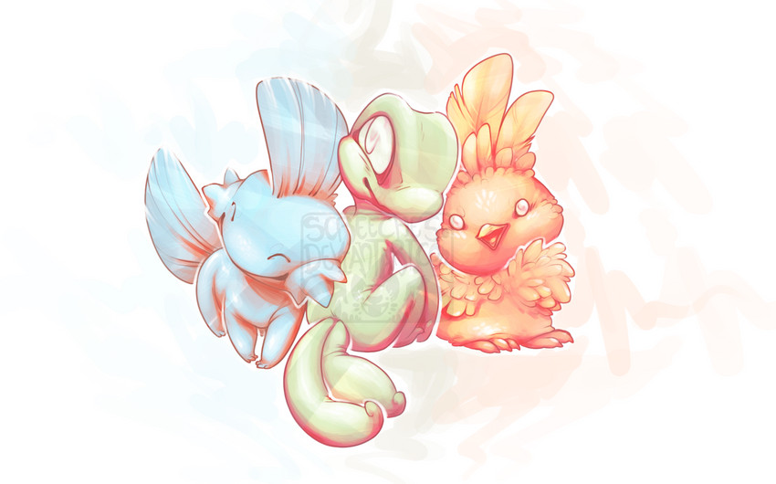 torchic, mudkip, and treecko (pokemon) drawn by screeches