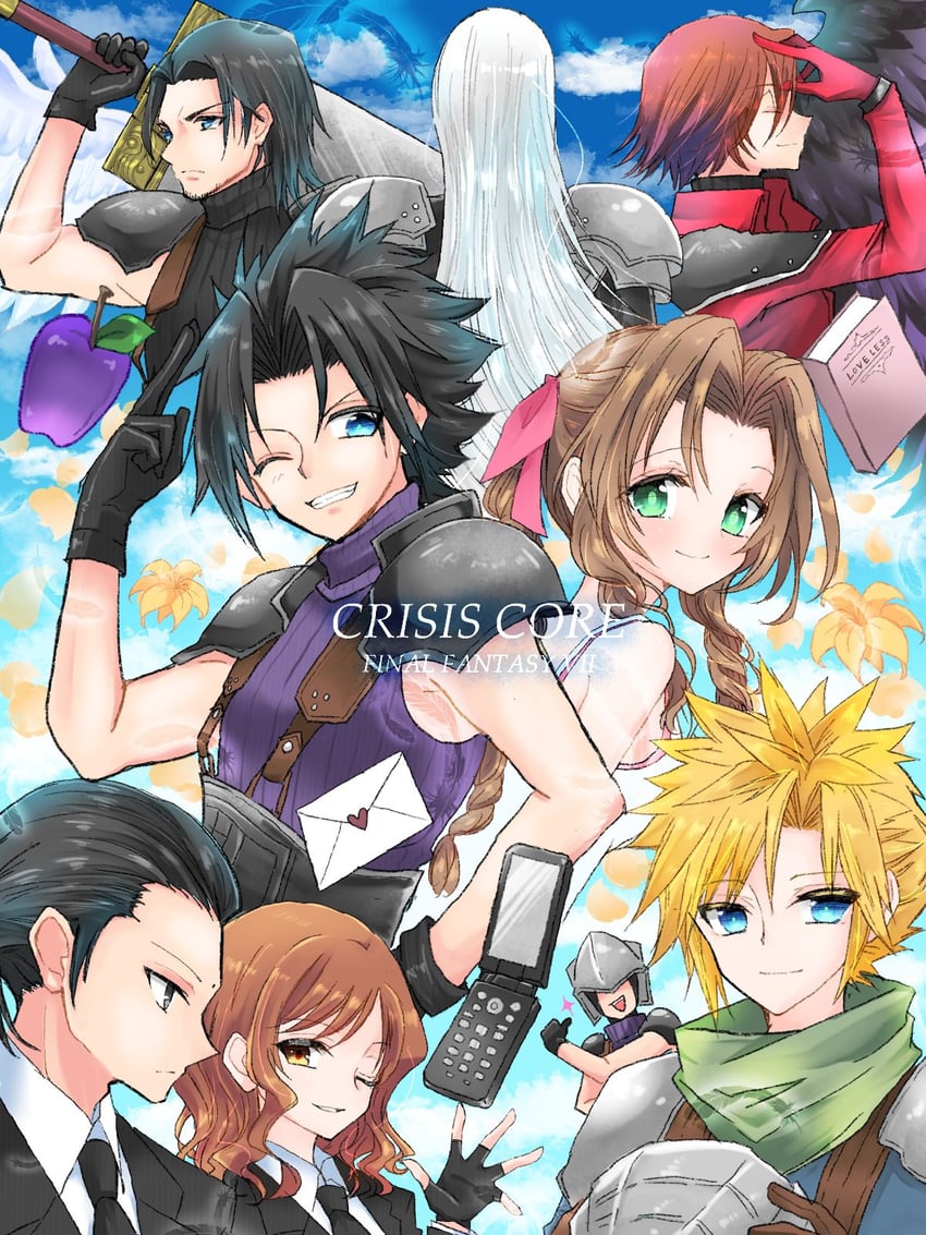 cloud strife, aerith gainsborough, sephiroth, zack fair, genesis rhapsodos, and 4 more (final fantasy and 2 more) drawn by kira0902