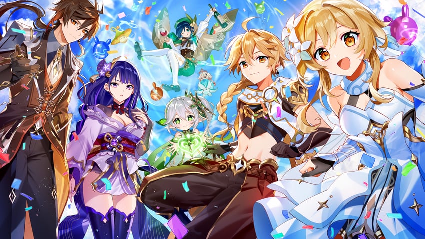 lumine, raiden shogun, aether, nahida, zhongli, and 4 more (genshin impact) drawn by murakami_yuichi