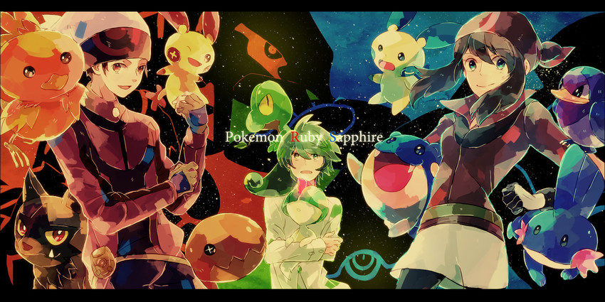 may, brendan, torchic, mudkip, treecko, and 8 more (pokemon and 2 more) drawn by okii
