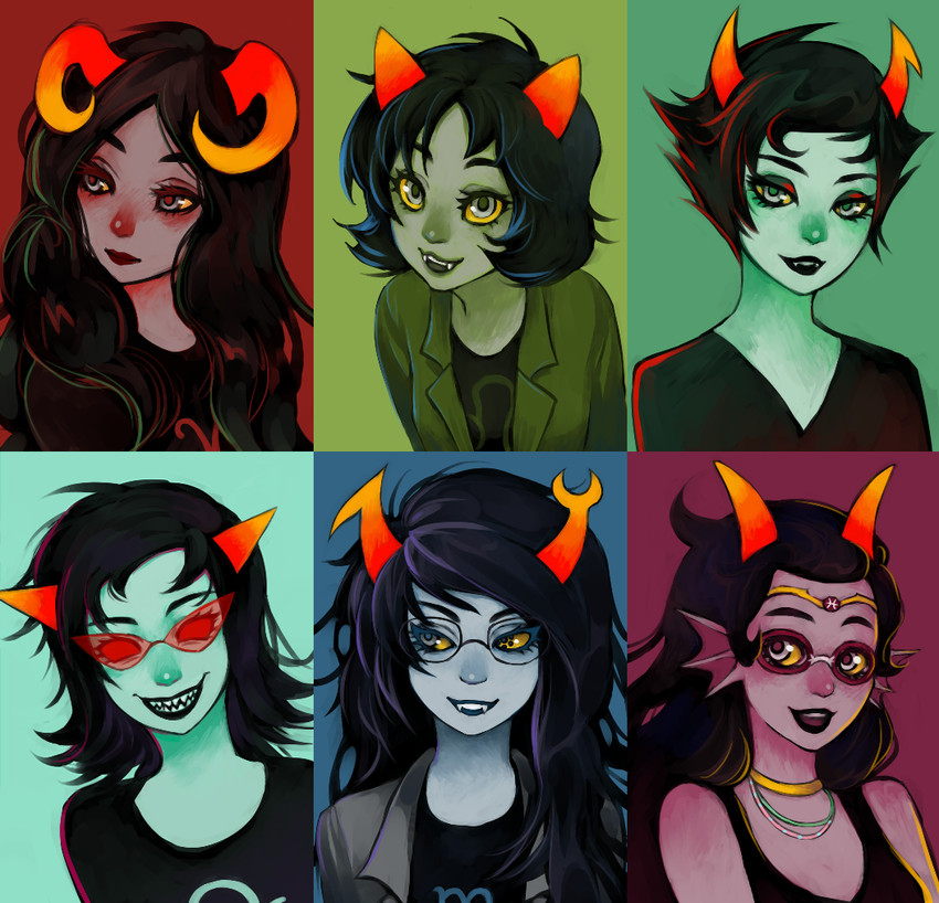 vriska serket, aradia megido, kanaya maryam, nepeta leijon, feferi peixes, and 1 more (homestuck) drawn by sinnygoto