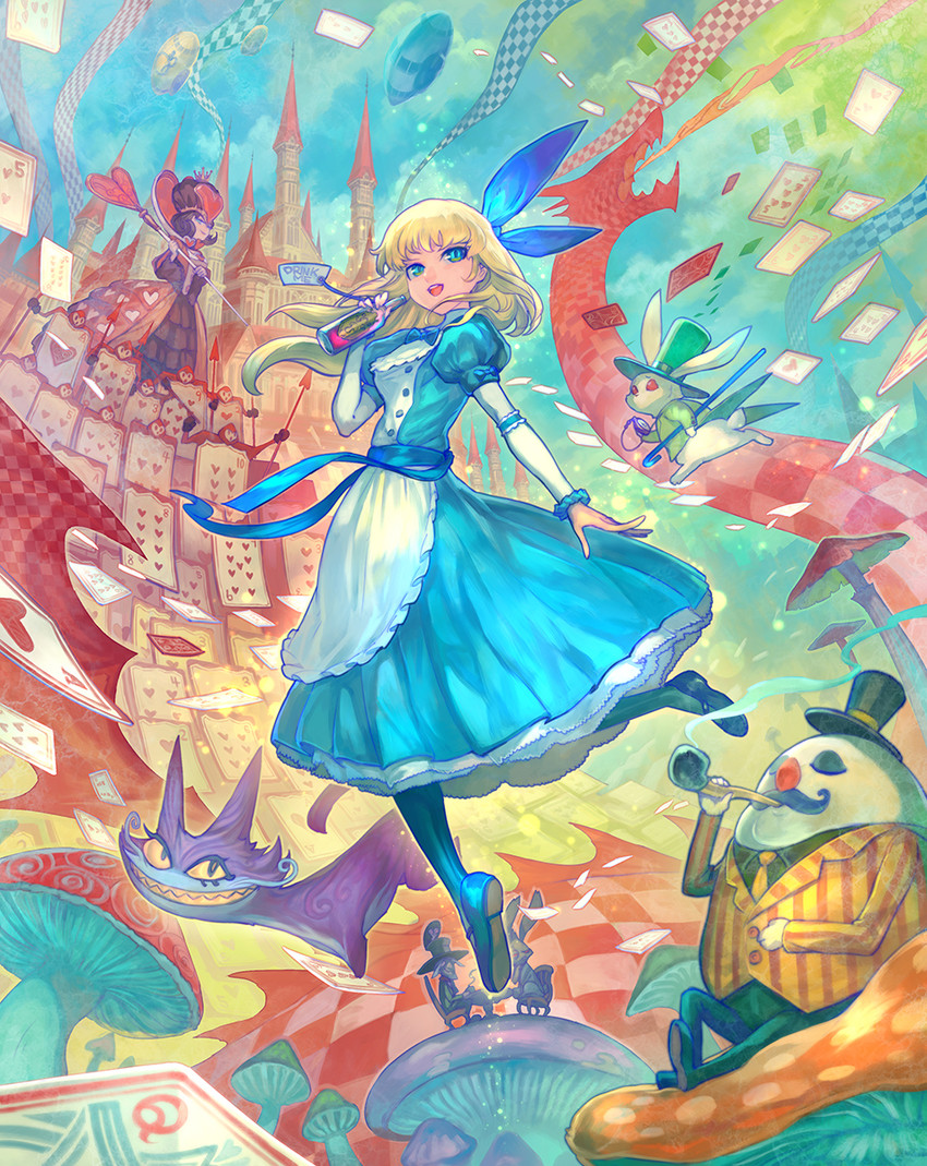 alice, white rabbit, cheshire cat, mad hatter, march hare, and 1 more (alice's adventures in wonderland) drawn by lack