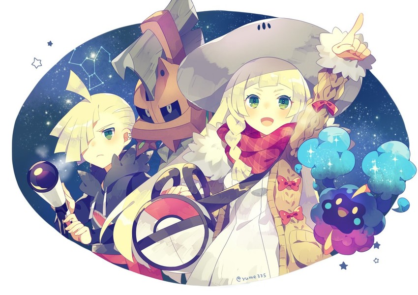 lillie, gladion, cosmog, and type: null (pokemon and 1 more) drawn by yumenouchi_chiharu
