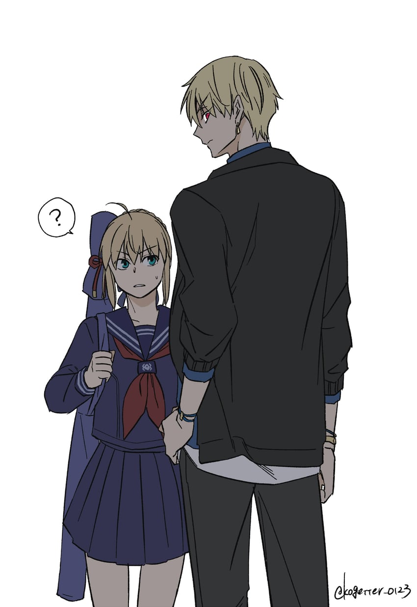 artoria pendragon, saber, gilgamesh, and master artoria (fate and 1 more) drawn by moonlight_0423