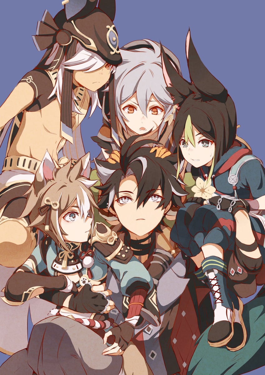 tighnari, cyno, wriothesley, gorou, and razor (genshin impact) drawn by popiahpot