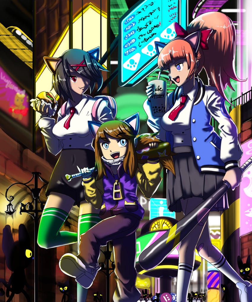 hat kid, kyoko, misako, and kunio-kun (a hat in time and 2 more) drawn by ru-ru