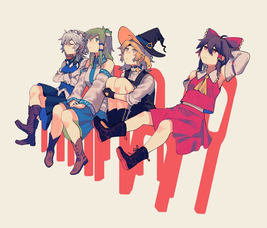 hakurei reimu, kirisame marisa, izayoi sakuya, and kochiya sanae (touhou) drawn by vento