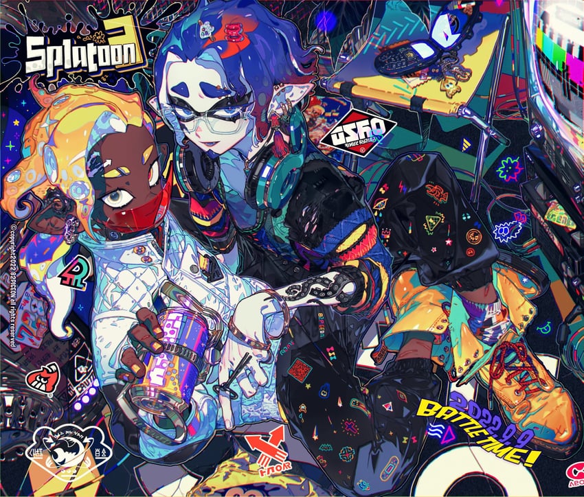 inkling player character and inkling boy (splatoon and 1 more) drawn by pigeon666