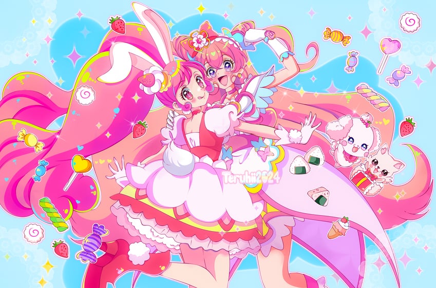 nagomi yui, usami ichika, cure precious, cure whip, kome-kome, and 1 more (precure and 2 more) drawn by teruhii