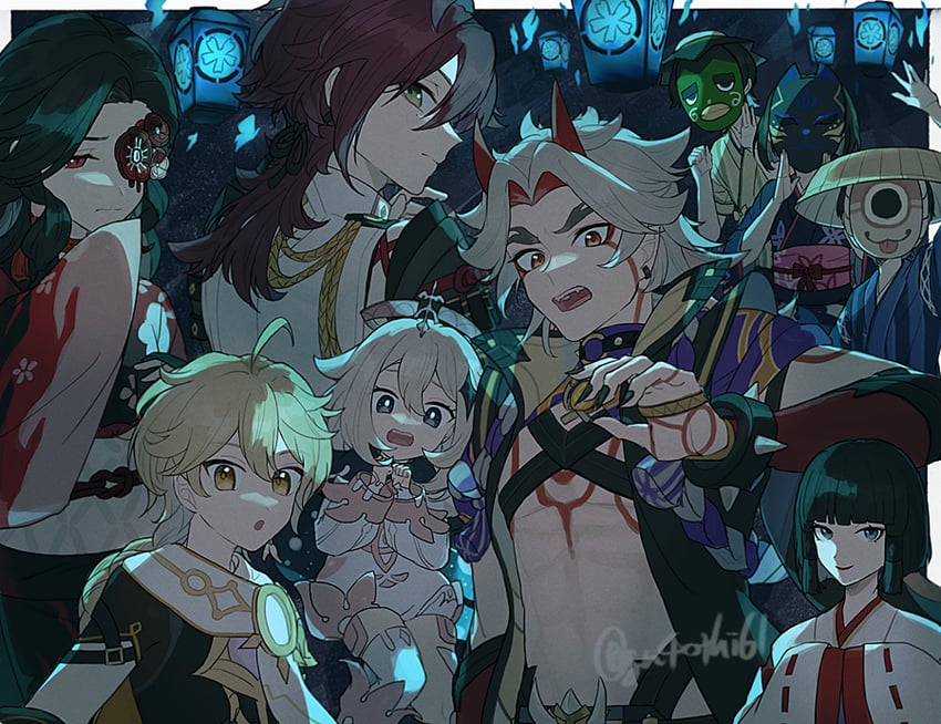 aether, paimon, arataki itto, shikanoin heizou, hitotsume kozou, and 4 more (genshin impact) drawn by suitchi_(gn4othi61)