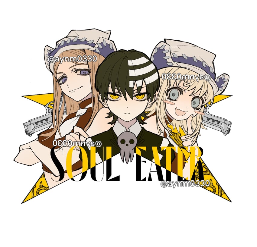 death the kid, patricia thompson, and elizabeth thompson (soul eater) drawn by aynm010330
